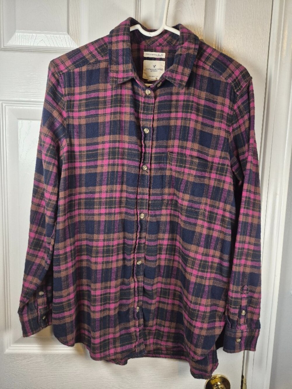 American Eagle Amazingly Soft Flannel Boyfriend Fit Plaid Button Up Shirt Large